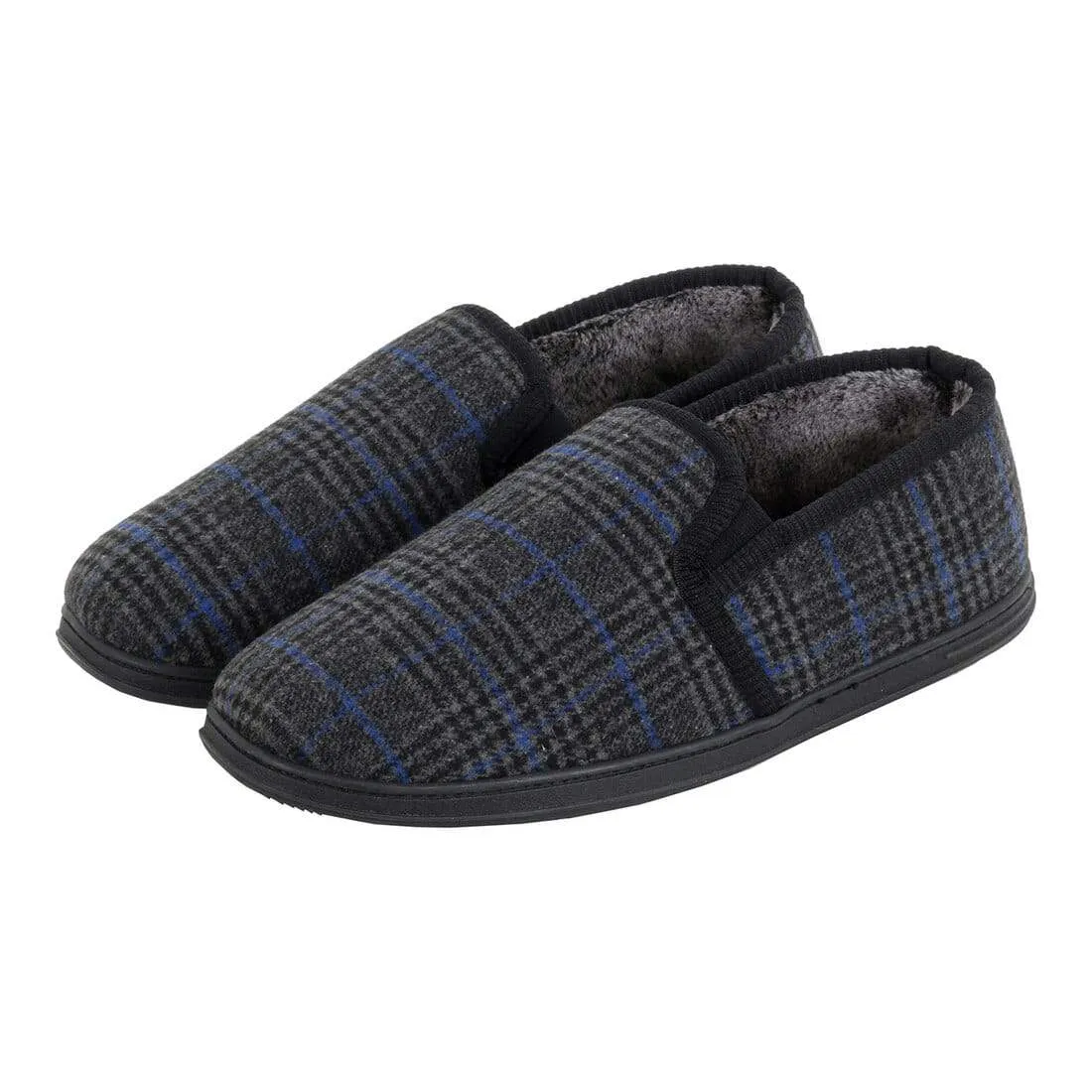 Mens Full Slippers Check Fleece Faux Fur Lining Non-Slip Sole