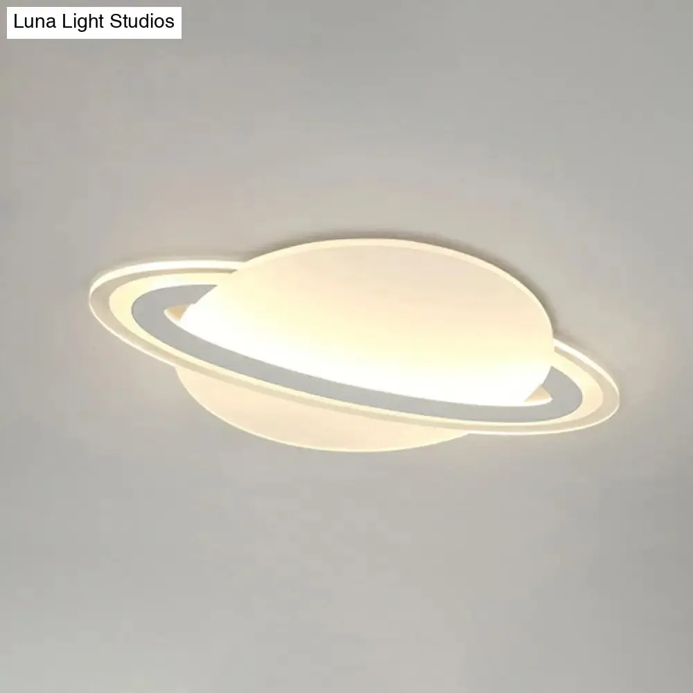 Minimalist LED Flush Lamp for Kid's Bedroom: Ringed Planet Ceiling Light in White