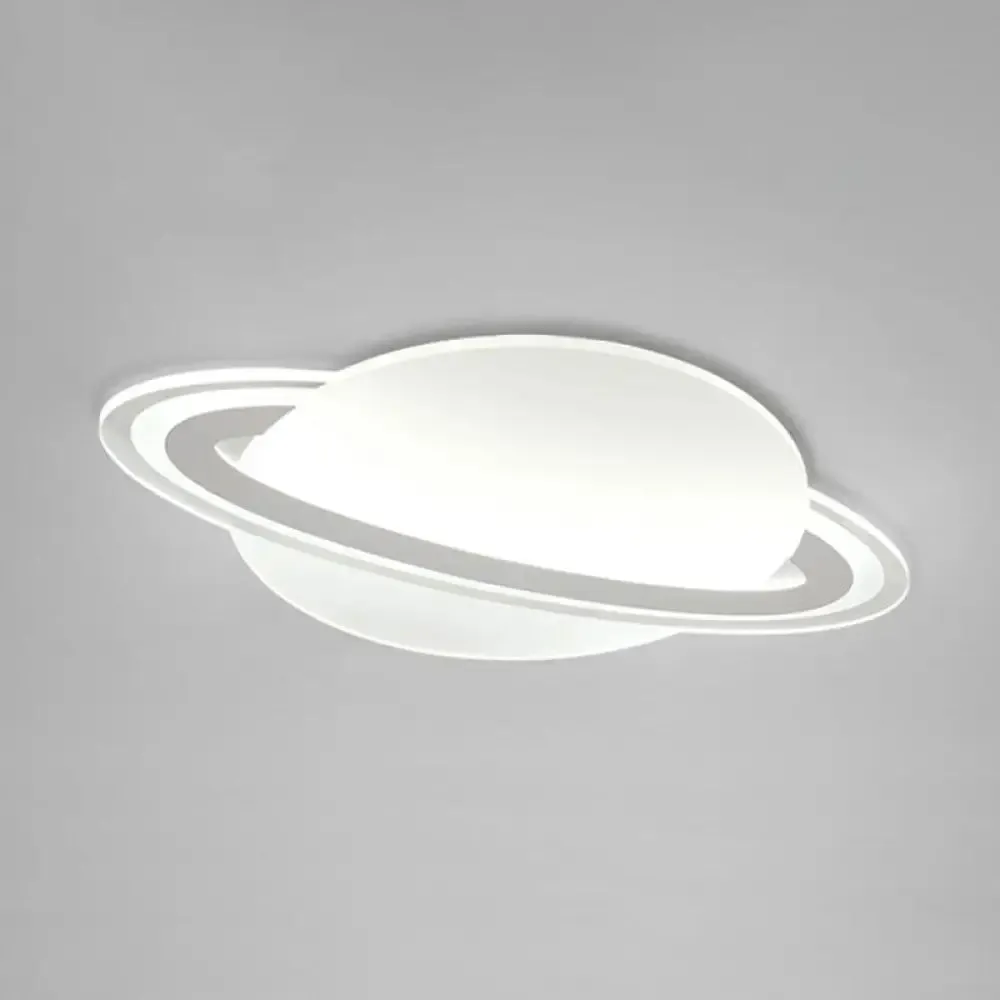 Minimalist LED Flush Lamp for Kid's Bedroom: Ringed Planet Ceiling Light in White