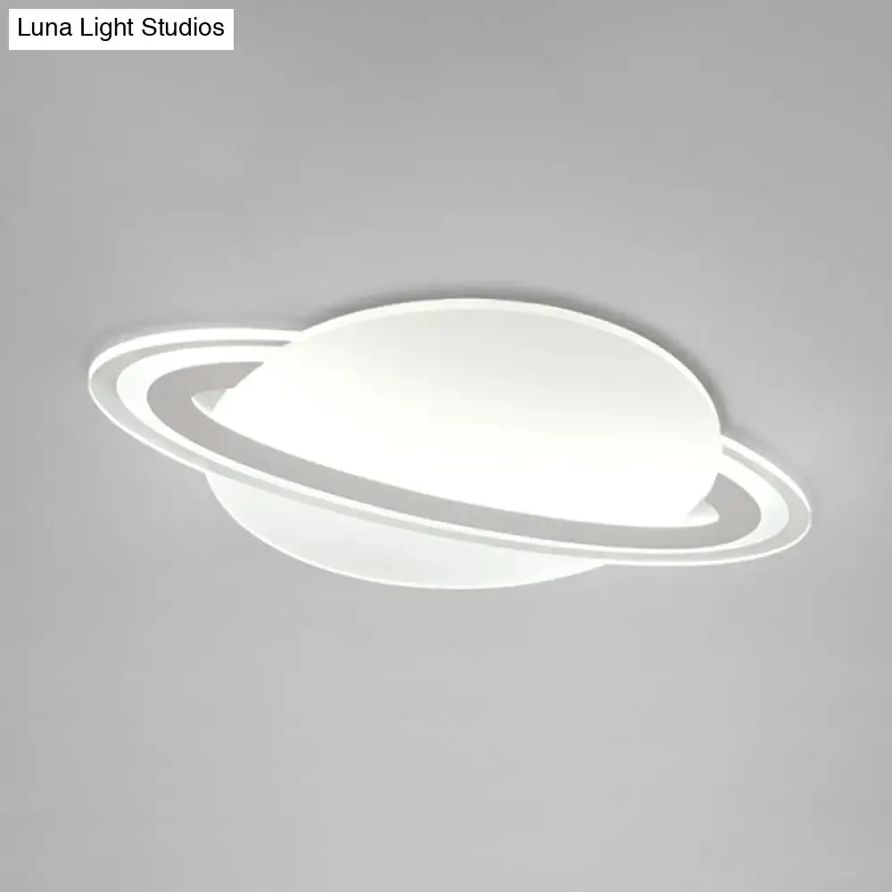 Minimalist LED Flush Lamp for Kid's Bedroom: Ringed Planet Ceiling Light in White