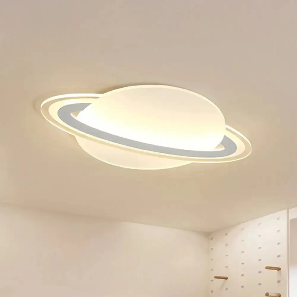 Minimalist LED Flush Lamp for Kid's Bedroom: Ringed Planet Ceiling Light in White