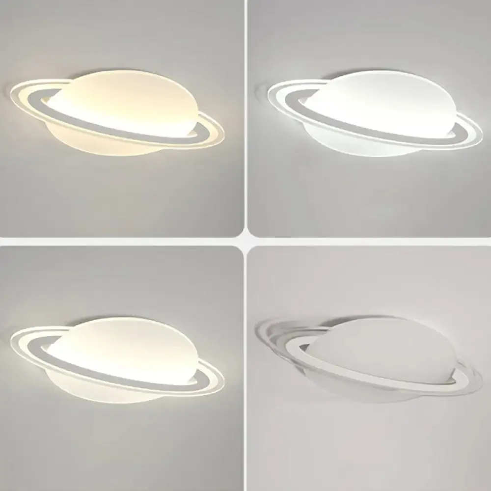 Minimalist LED Flush Lamp for Kid's Bedroom: Ringed Planet Ceiling Light in White