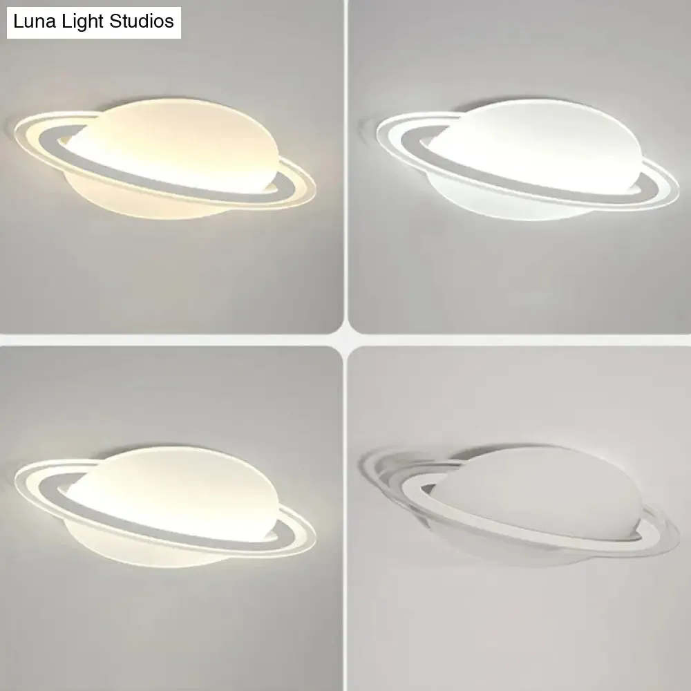 Minimalist LED Flush Lamp for Kid's Bedroom: Ringed Planet Ceiling Light in White