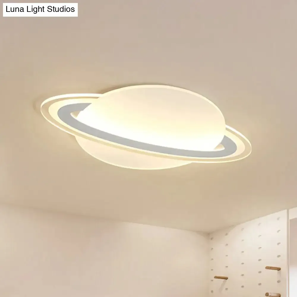 Minimalist LED Flush Lamp for Kid's Bedroom: Ringed Planet Ceiling Light in White