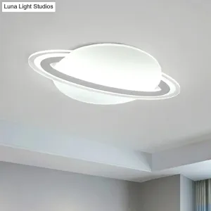 Minimalist LED Flush Lamp for Kid's Bedroom: Ringed Planet Ceiling Light in White