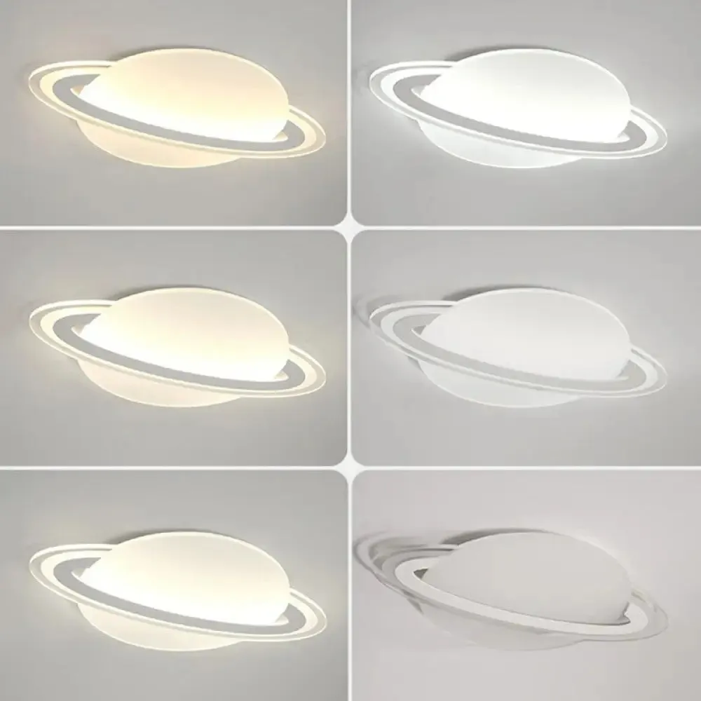 Minimalist LED Flush Lamp for Kid's Bedroom: Ringed Planet Ceiling Light in White