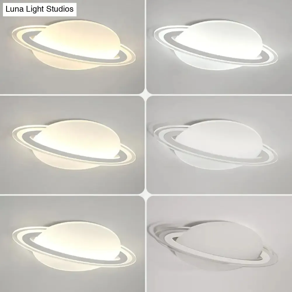 Minimalist LED Flush Lamp for Kid's Bedroom: Ringed Planet Ceiling Light in White