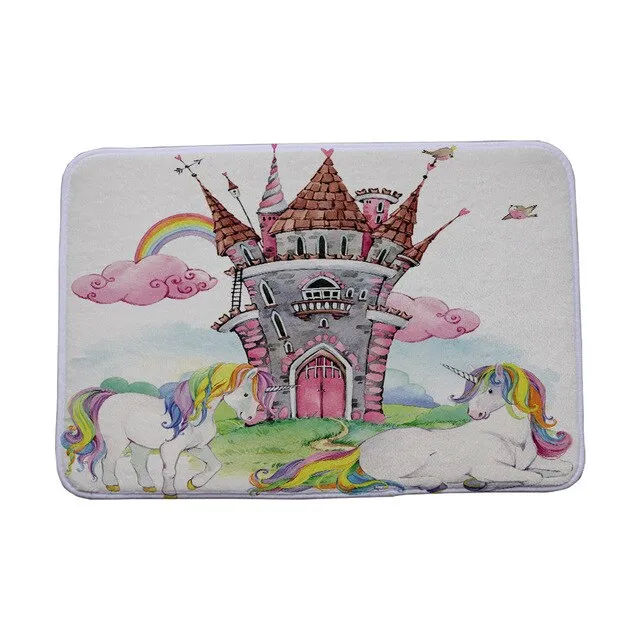 Miracille Cartoon Lovely Animal Unicorn Rainbow Castle Printed Coral Velvet Indoor Outdoor Floor Mat Kitchen Carpets Bath Rugs