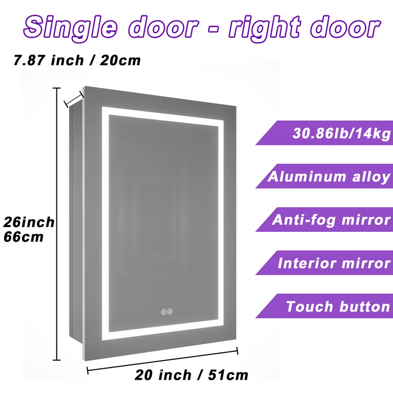 MIRPLUS 26''H×20''W×5"D Single Door Medicine Cabinet with Mirror Lights around Right or Left Side Opening