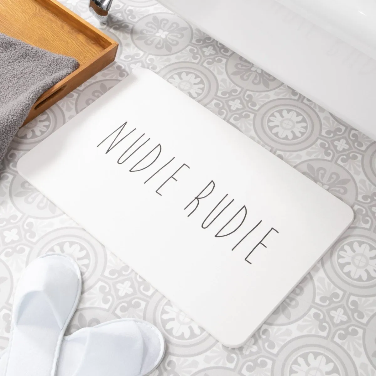 Nudie Rudie Bath Mat - Funny Bathroom - Bathroom Decor - Quirky Home Decor - Cheeky Decor - Bathroom Humor - White Stone Non Slip Bath Mat