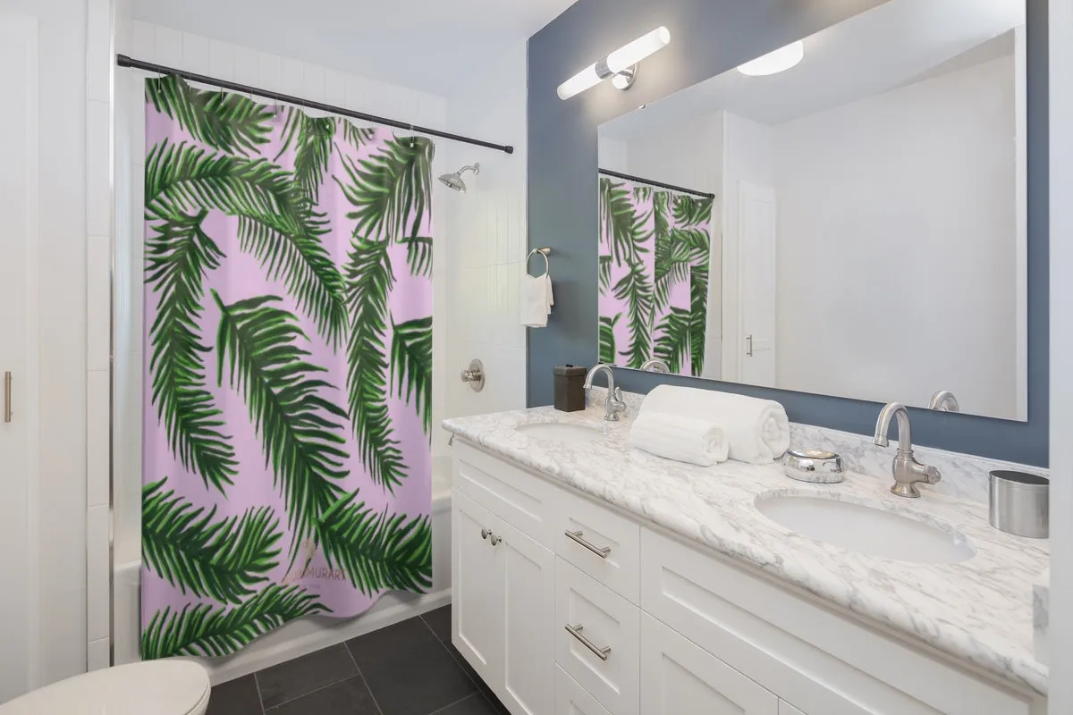 Pink Green Jungle Shower Curtains, Palm Tree Leaf Print Shower Curtains-Printed in USA