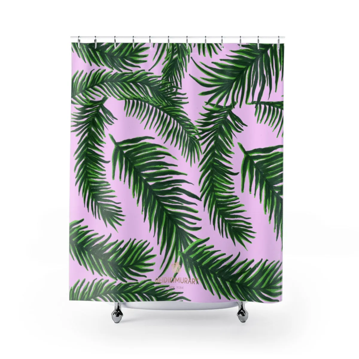 Pink Green Jungle Shower Curtains, Palm Tree Leaf Print Shower Curtains-Printed in USA