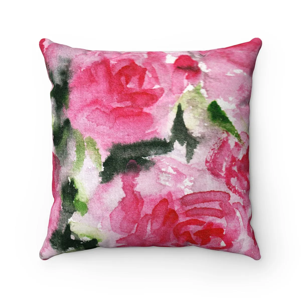 Pink Rose Floral Pillow Set, Flower Pattern Luxury Faux Suede Square Pillow Cover Pillow Set