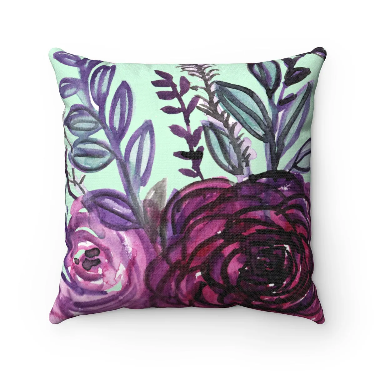 Purple Floral English Rose Pillow, Premium Luxury Polyester Square Pillow - Made in USA