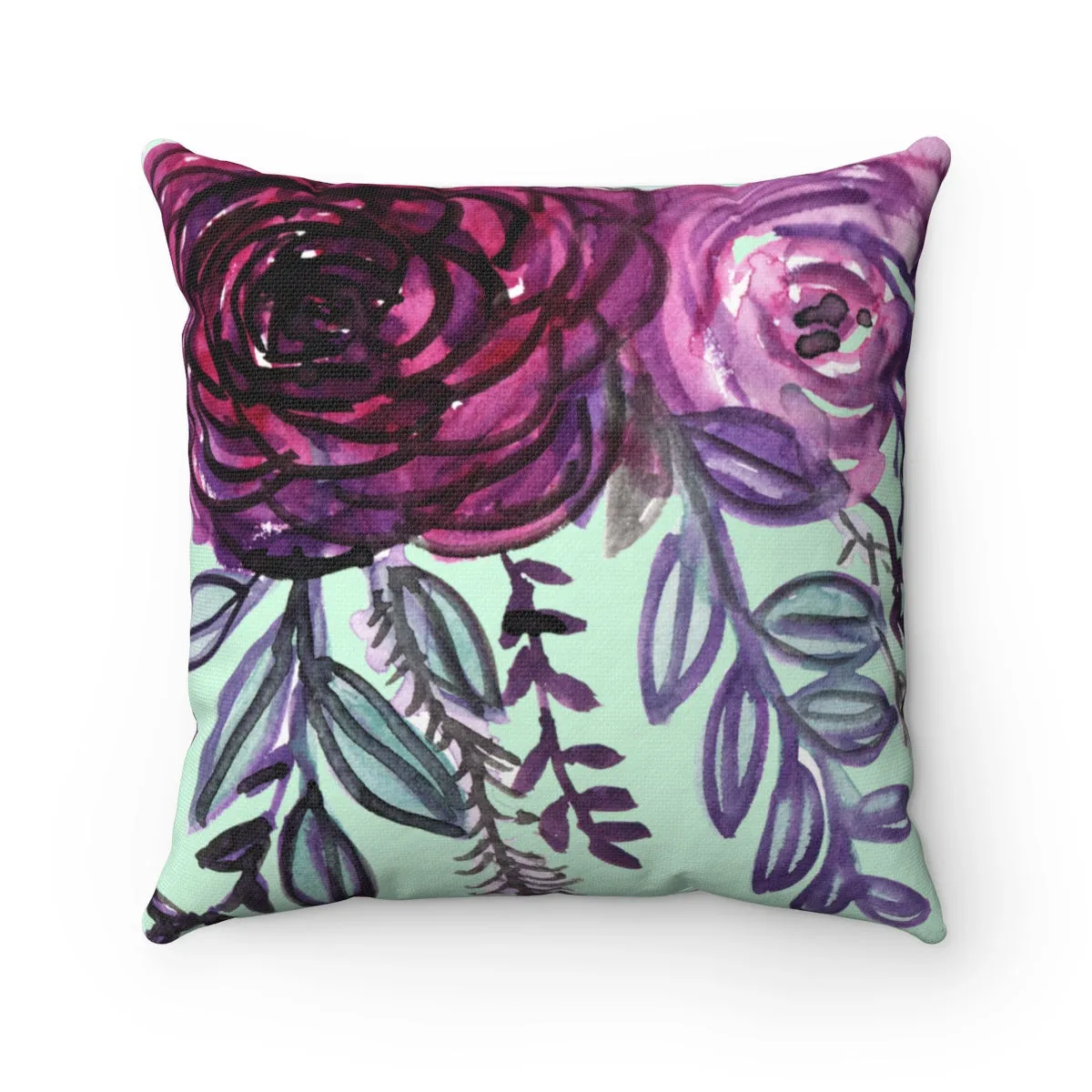 Purple Floral English Rose Pillow, Premium Luxury Polyester Square Pillow - Made in USA