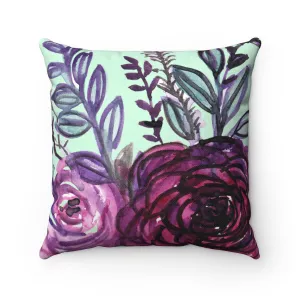 Purple Floral English Rose Pillow, Premium Luxury Polyester Square Pillow - Made in USA