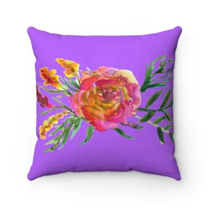 Purple Red Rose Bight Purple Colorful Girlie Watercolor Floral Print Pillow - Made in USA