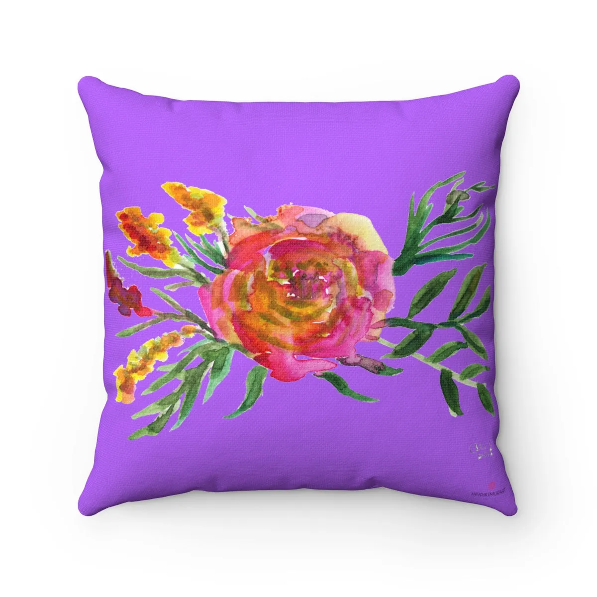 Purple Red Rose Bight Purple Colorful Girlie Watercolor Floral Print Pillow - Made in USA