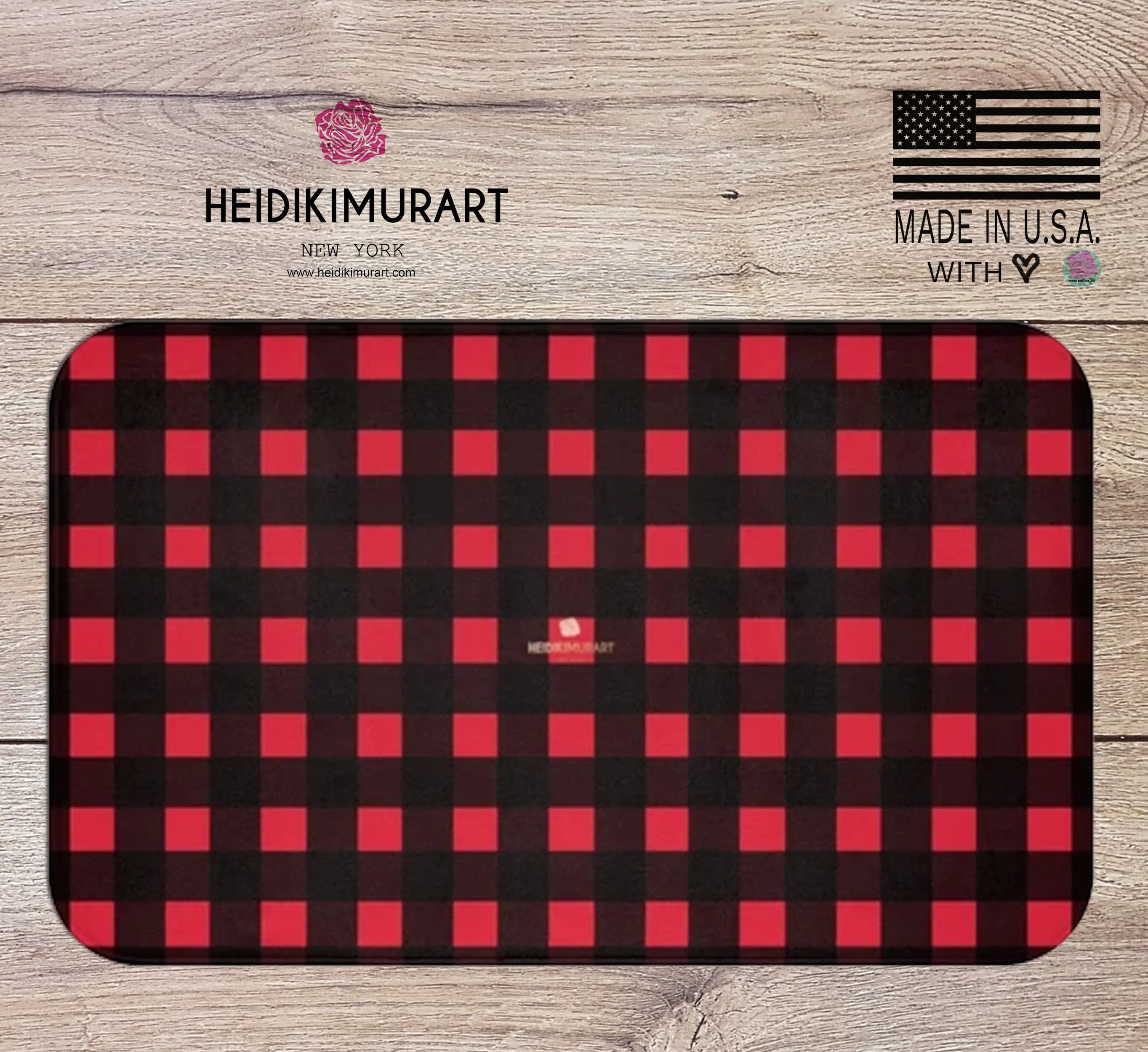 Red Buffalo Plaid Print Designer Bathroom Anti-Slip Microfiber Bath Mat-Made in USA