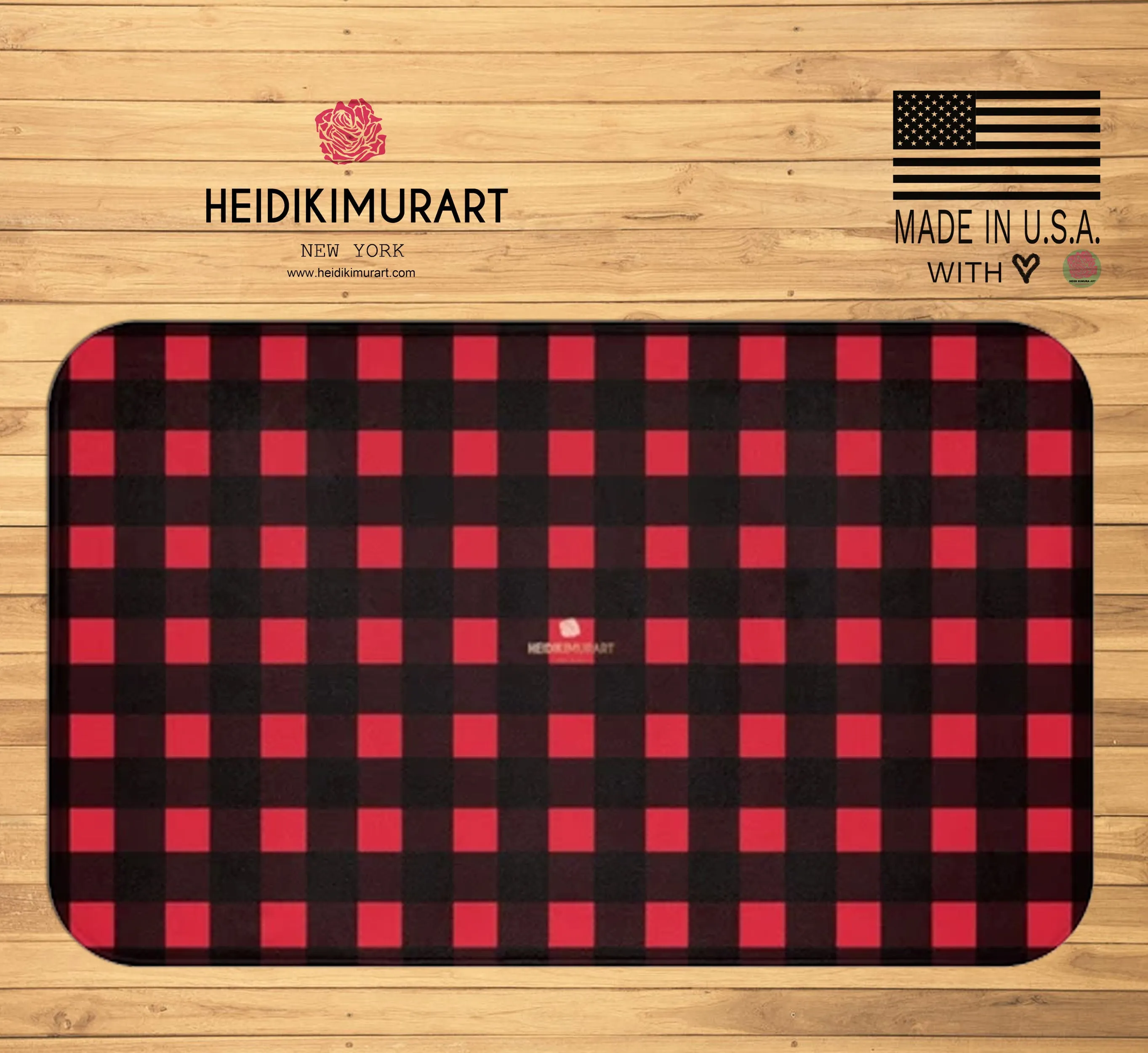 Red Buffalo Plaid Print Designer Bathroom Anti-Slip Microfiber Bath Mat-Made in USA