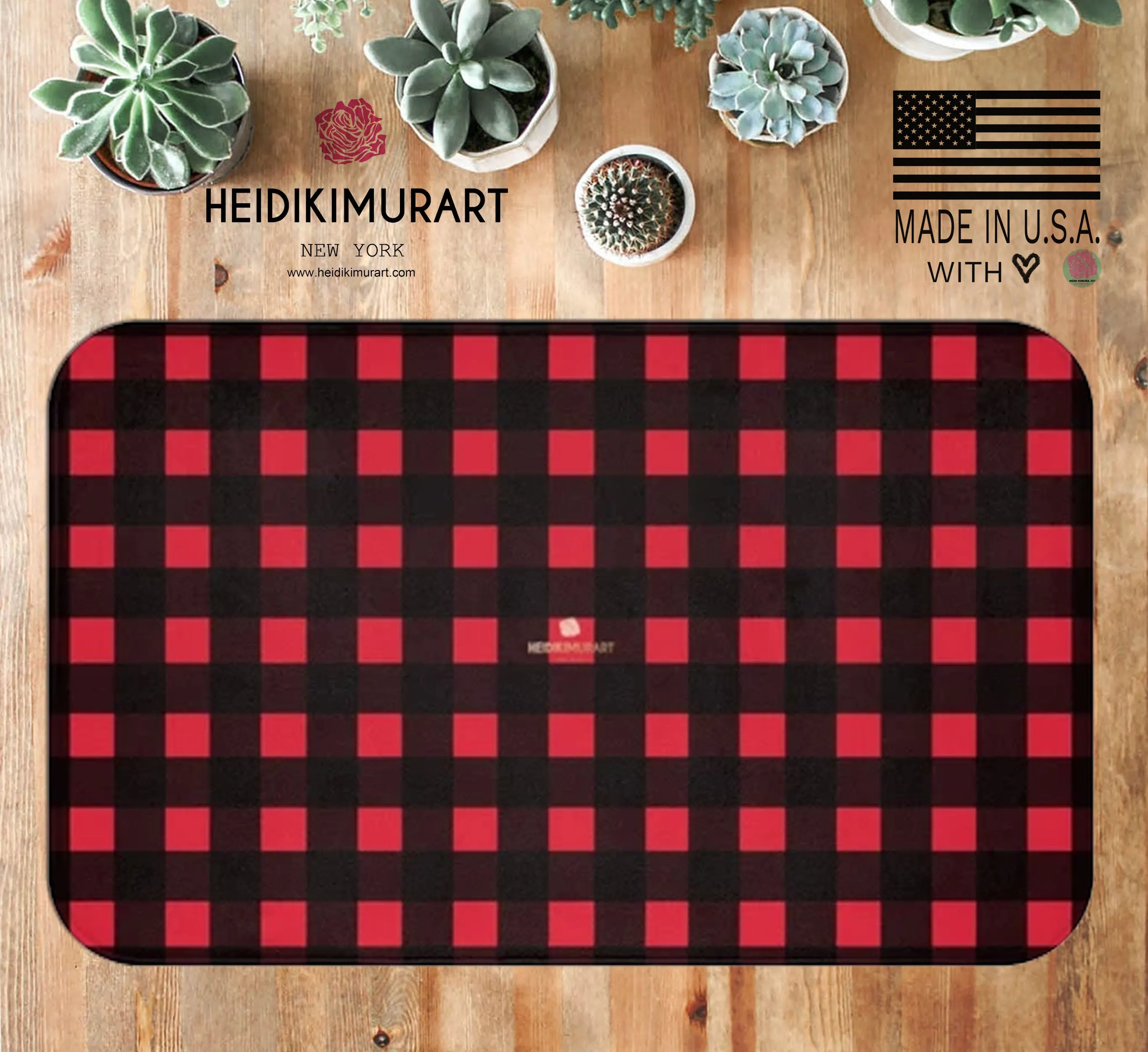 Red Buffalo Plaid Print Designer Bathroom Anti-Slip Microfiber Bath Mat-Made in USA