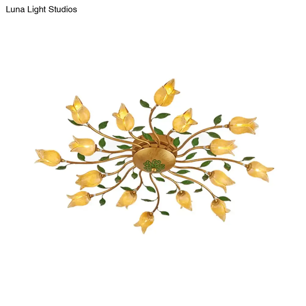 Romantic Brass Spiral LED Flower Ceiling Light Fixture - Semi Flush, 16 Heads - Bedroom Décor