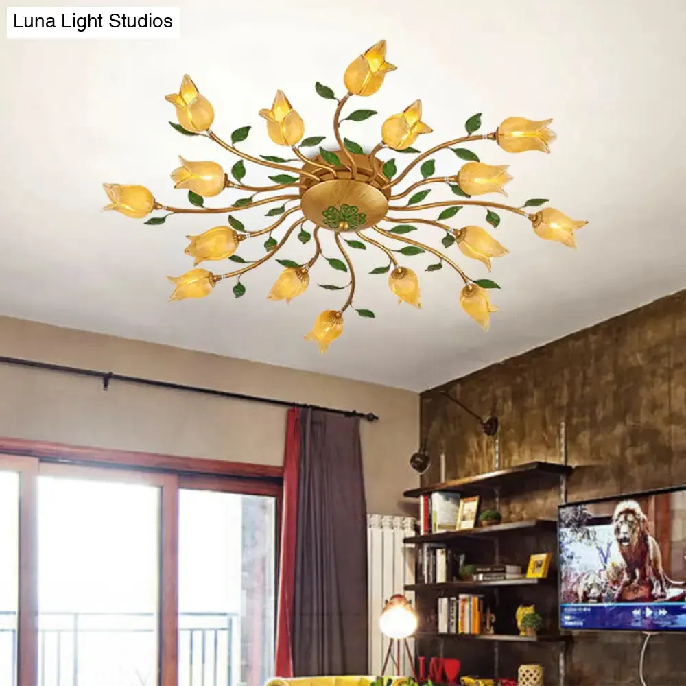 Romantic Brass Spiral LED Flower Ceiling Light Fixture - Semi Flush, 16 Heads - Bedroom Décor