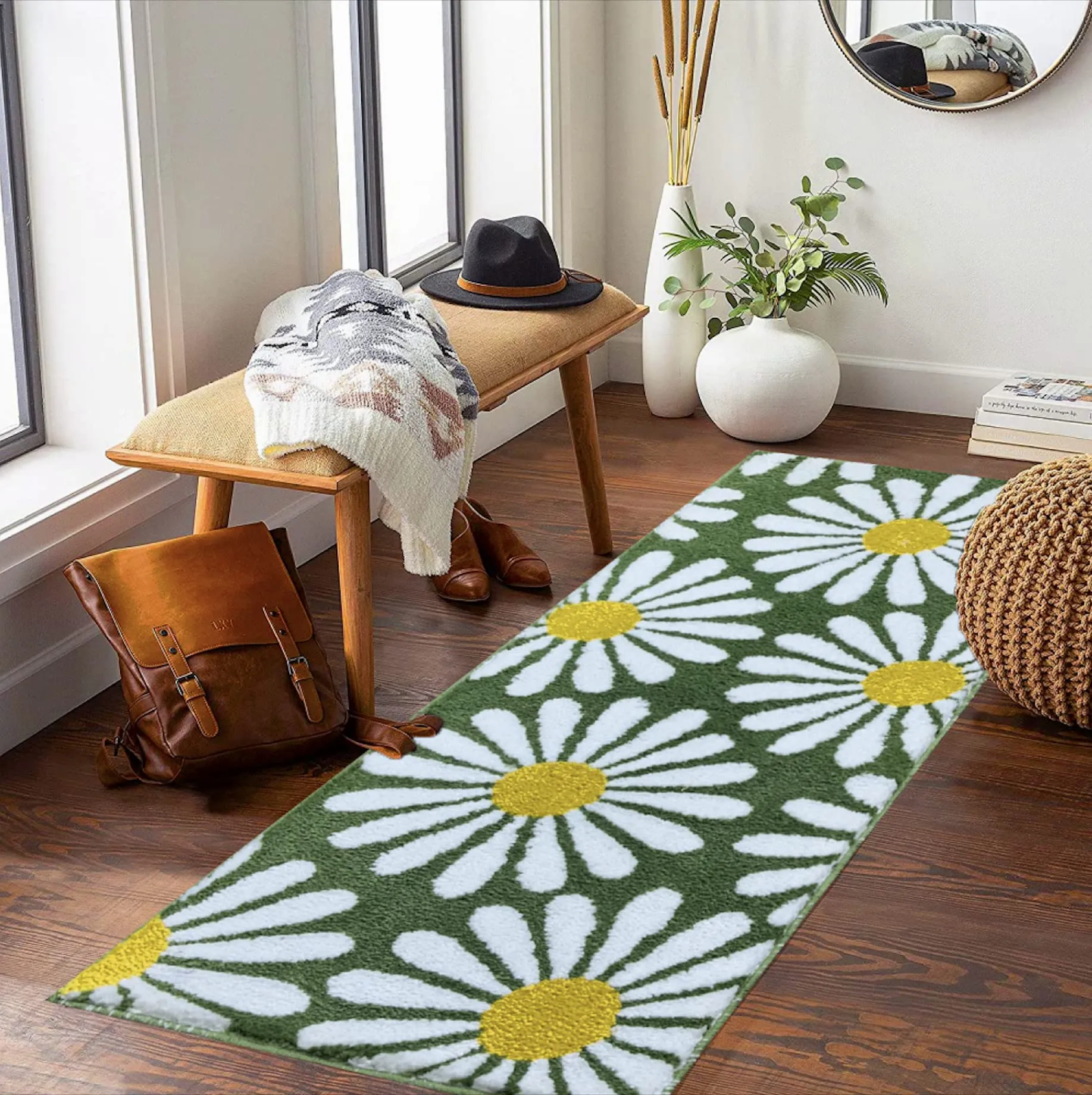 Roseate Flower Super Soft (50x120 cm) Microfibre 2000 GSM Anti Skid Runner for Bedroom/Carpets for Living Room/Kitchen Mats for Floor/Floor Mat/Bathroom Mat/Rug (Green) Pack of 1