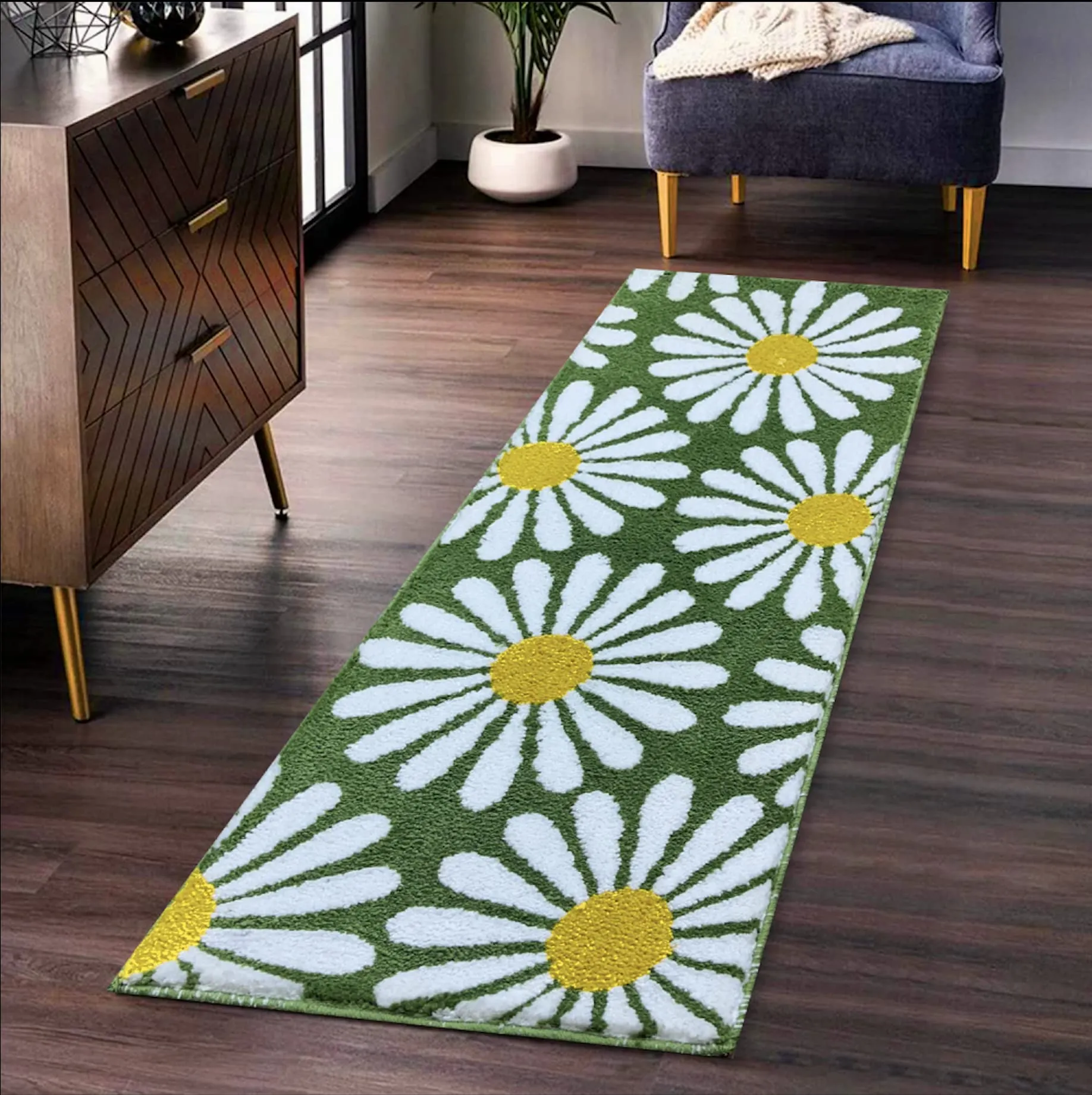 Roseate Flower Super Soft (50x120 cm) Microfibre 2000 GSM Anti Skid Runner for Bedroom/Carpets for Living Room/Kitchen Mats for Floor/Floor Mat/Bathroom Mat/Rug (Green) Pack of 1