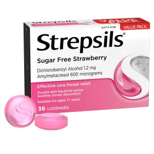 Strepsils Sore Throat Relief Sugar Free Strawberry 36 Pack