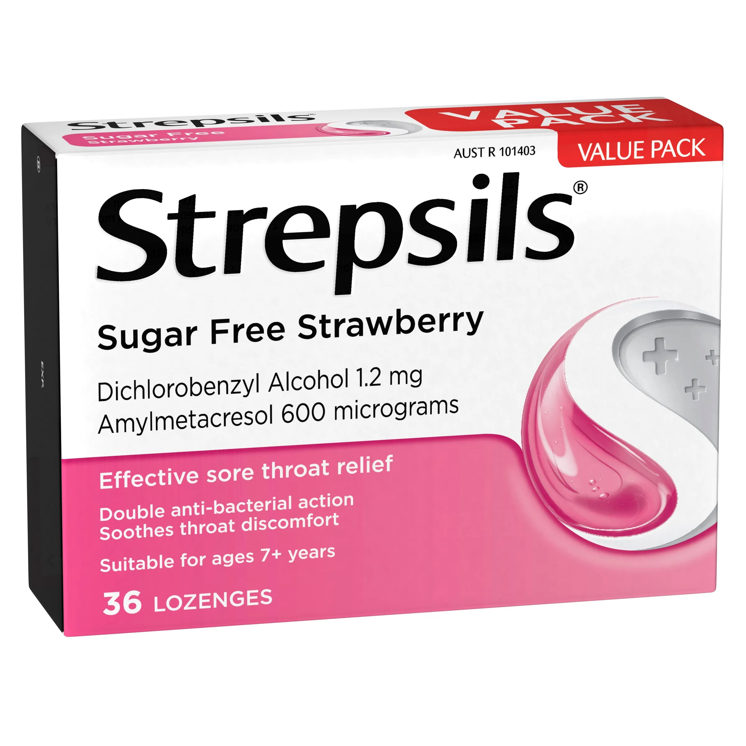 Strepsils Sore Throat Relief Sugar Free Strawberry 36 Pack