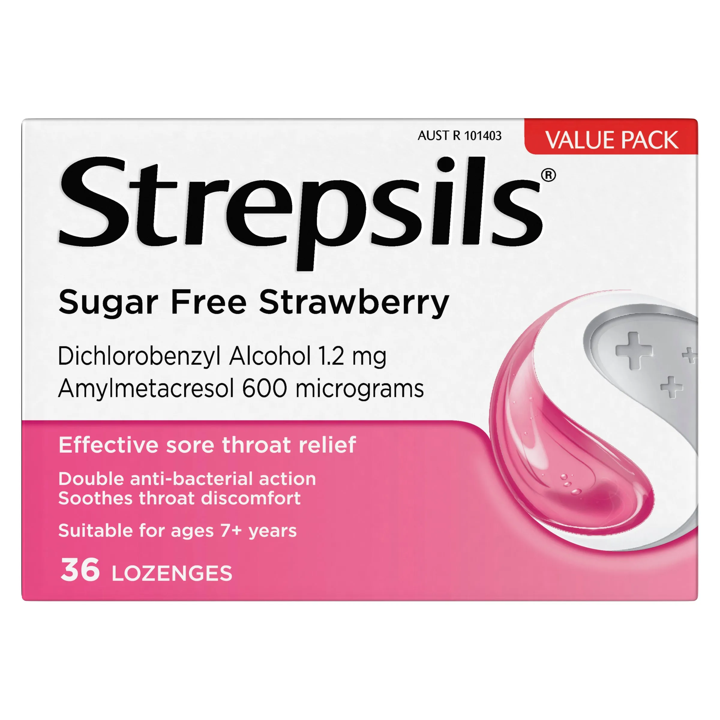 Strepsils Sore Throat Relief Sugar Free Strawberry 36 Pack