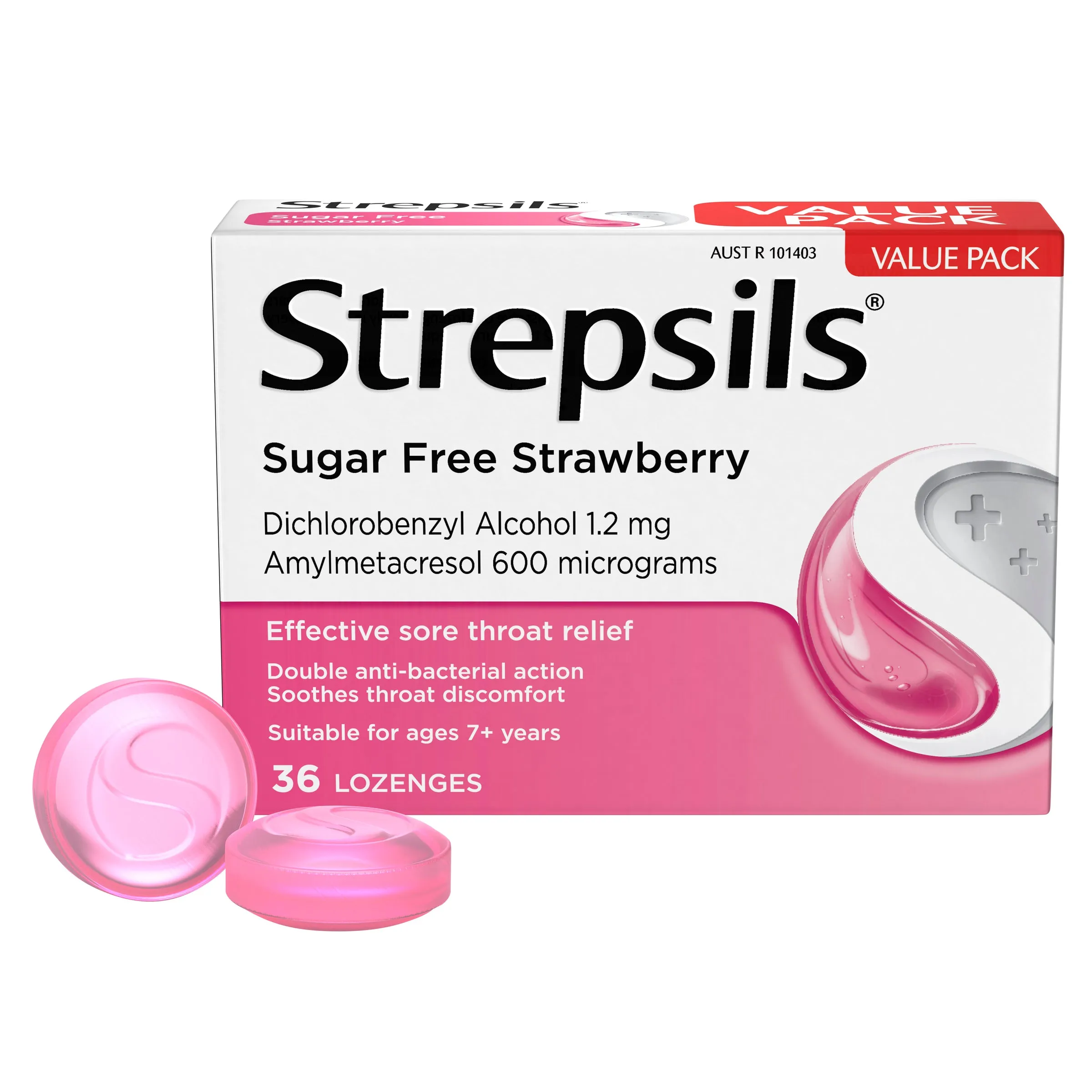 Strepsils Sore Throat Relief Sugar Free Strawberry 36 Pack