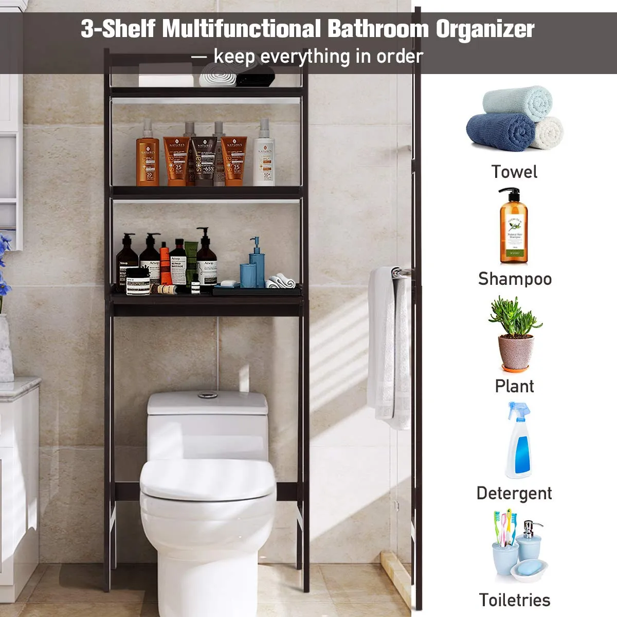 Tangkula Bathroom Space Saver, Over The Toilet Storage Rack, Free Standing 3-Shelf Bathroom Organizer