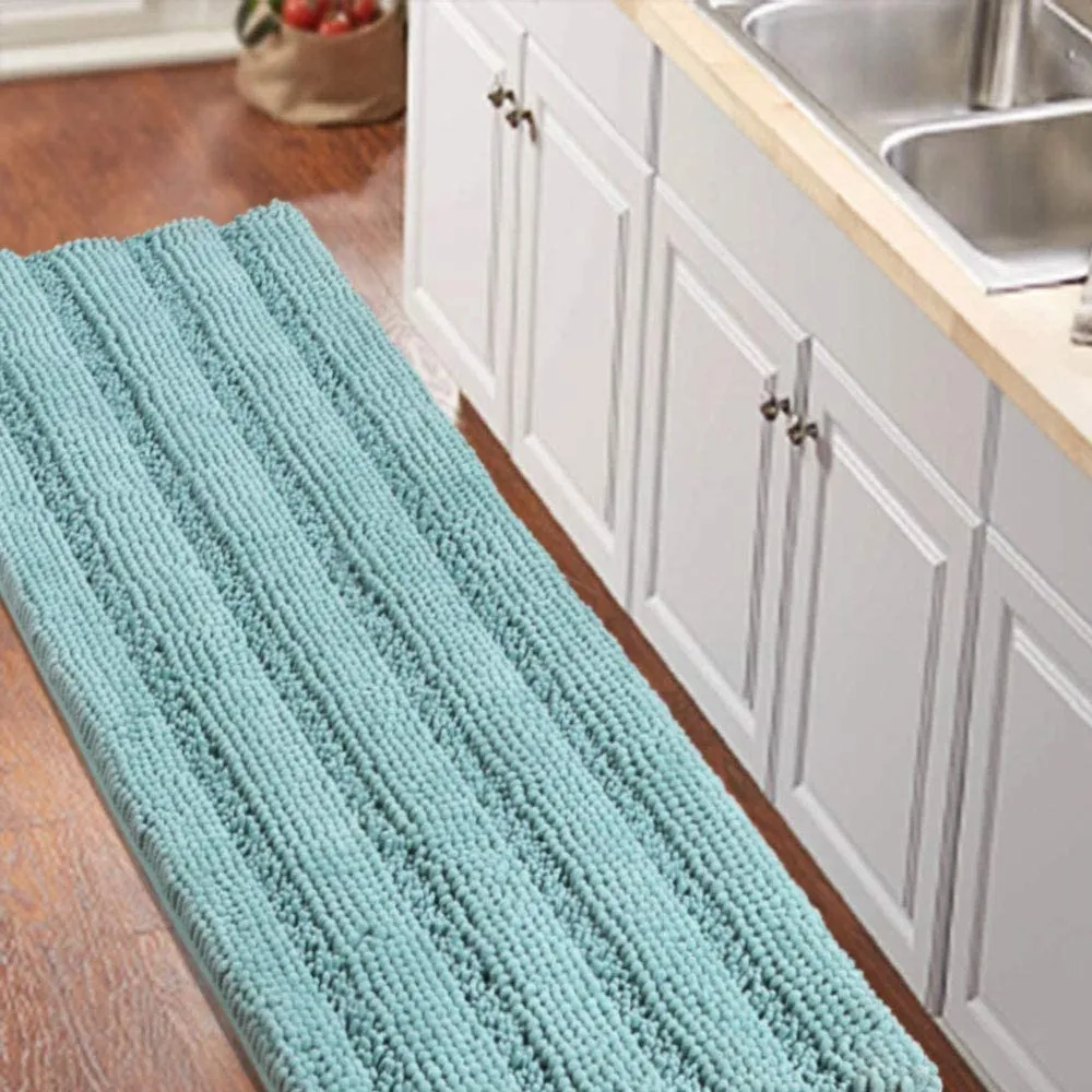 Turquoize Bathroom Runner Extra Long Bathroom Rug Blue Chenille Bath Rug Non Slip Shaggy Bath Mat Shag Shower Mat, Soft and Cozy, Super Absorbent Water, Washable Rug