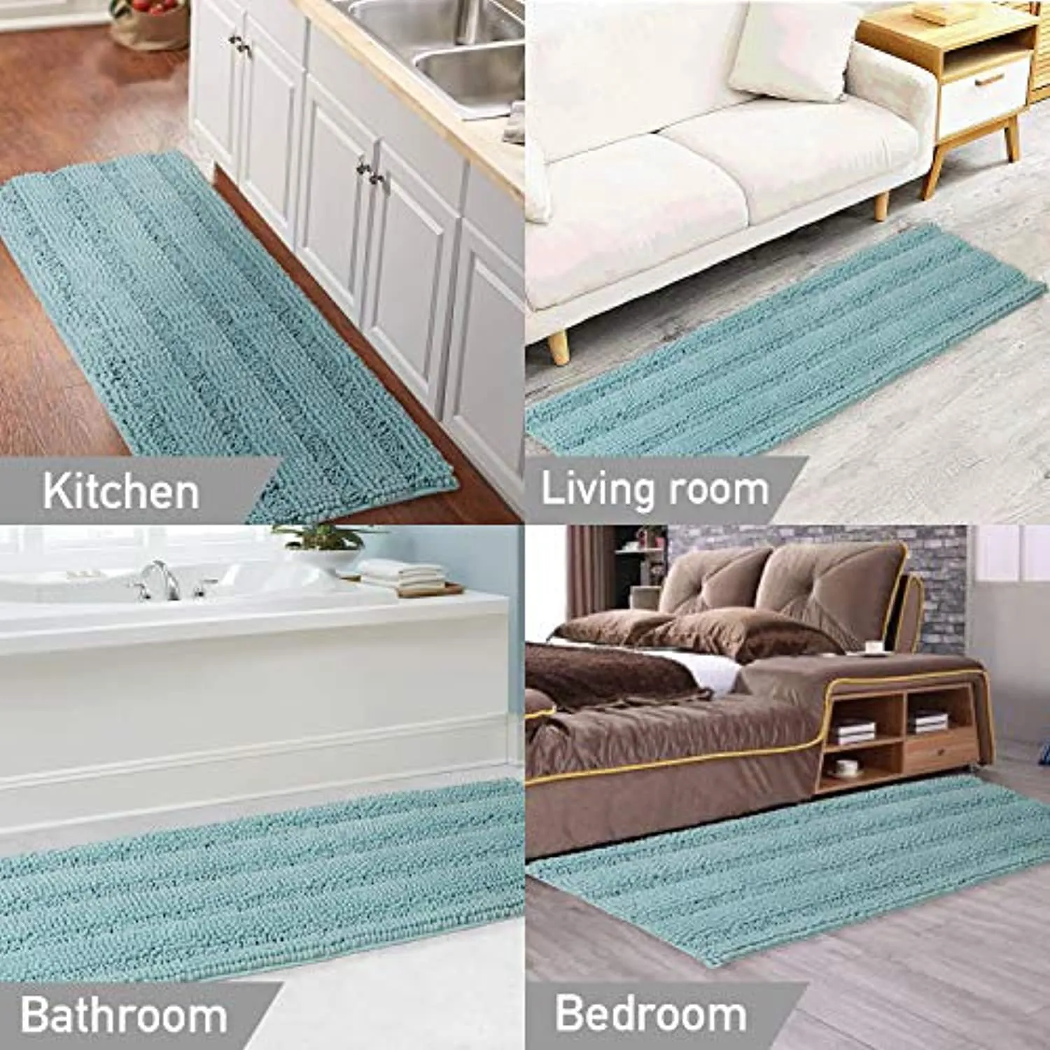 Turquoize Bathroom Runner Extra Long Bathroom Rug Blue Chenille Bath Rug Non Slip Shaggy Bath Mat Shag Shower Mat, Soft and Cozy, Super Absorbent Water, Washable Rug