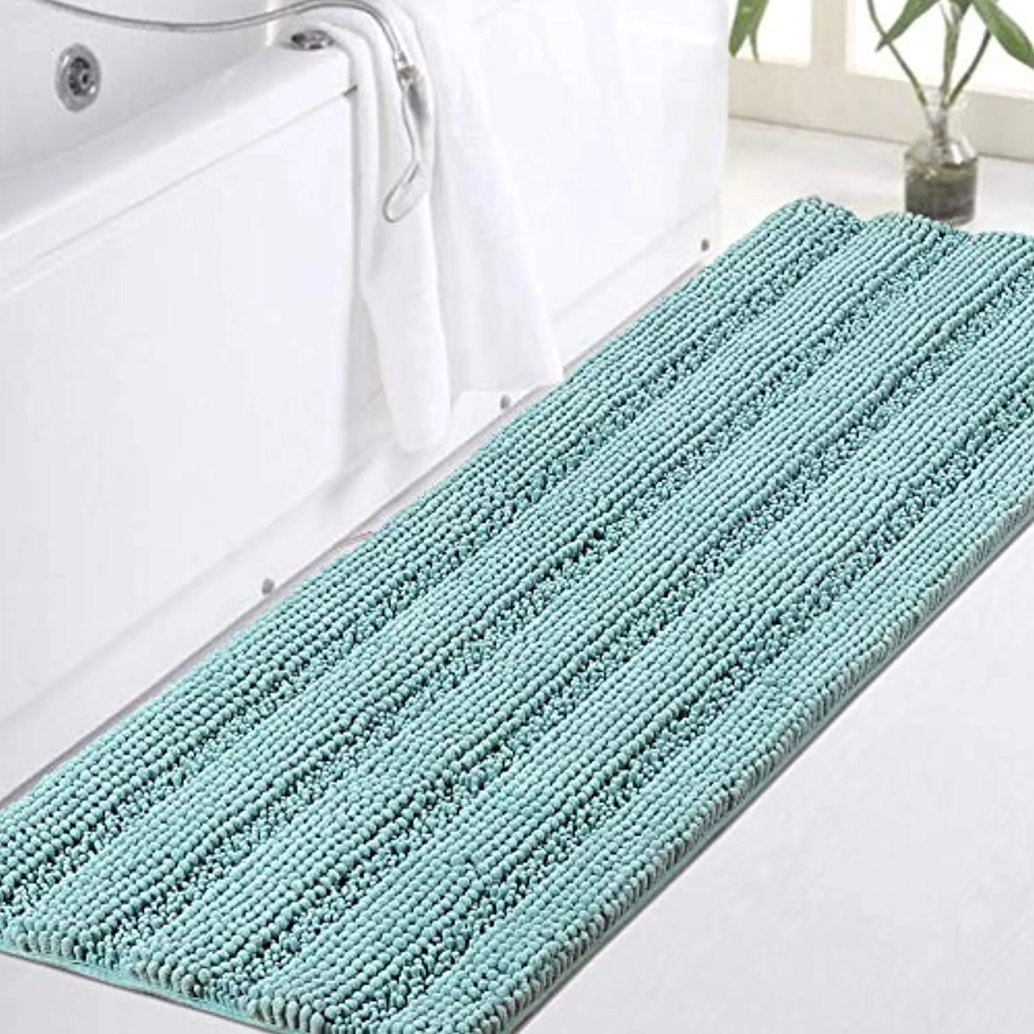 Turquoize Bathroom Runner Extra Long Bathroom Rug Blue Chenille Bath Rug Non Slip Shaggy Bath Mat Shag Shower Mat, Soft and Cozy, Super Absorbent Water, Washable Rug