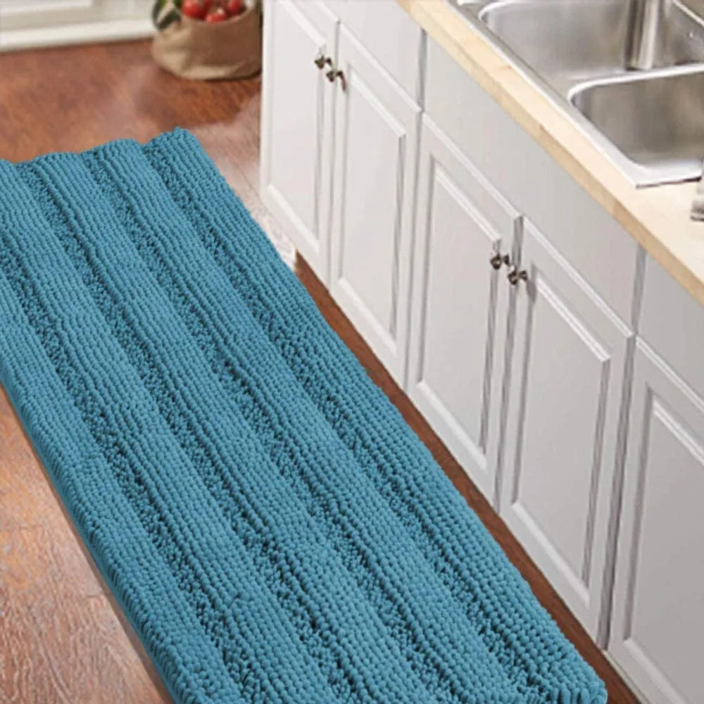 Turquoize Bathroom Runner Extra Long Bathroom Rug Blue Chenille Bath Rug Non Slip Shaggy Bath Mat Shag Shower Mat, Soft and Cozy, Super Absorbent Water, Washable Rug