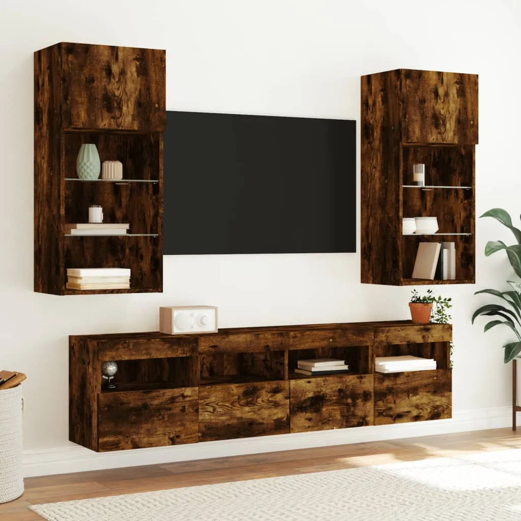 vidaXL TV Wall Cabinets with LED Lights 2 pcs Smoked Oak 40x30x40 cm