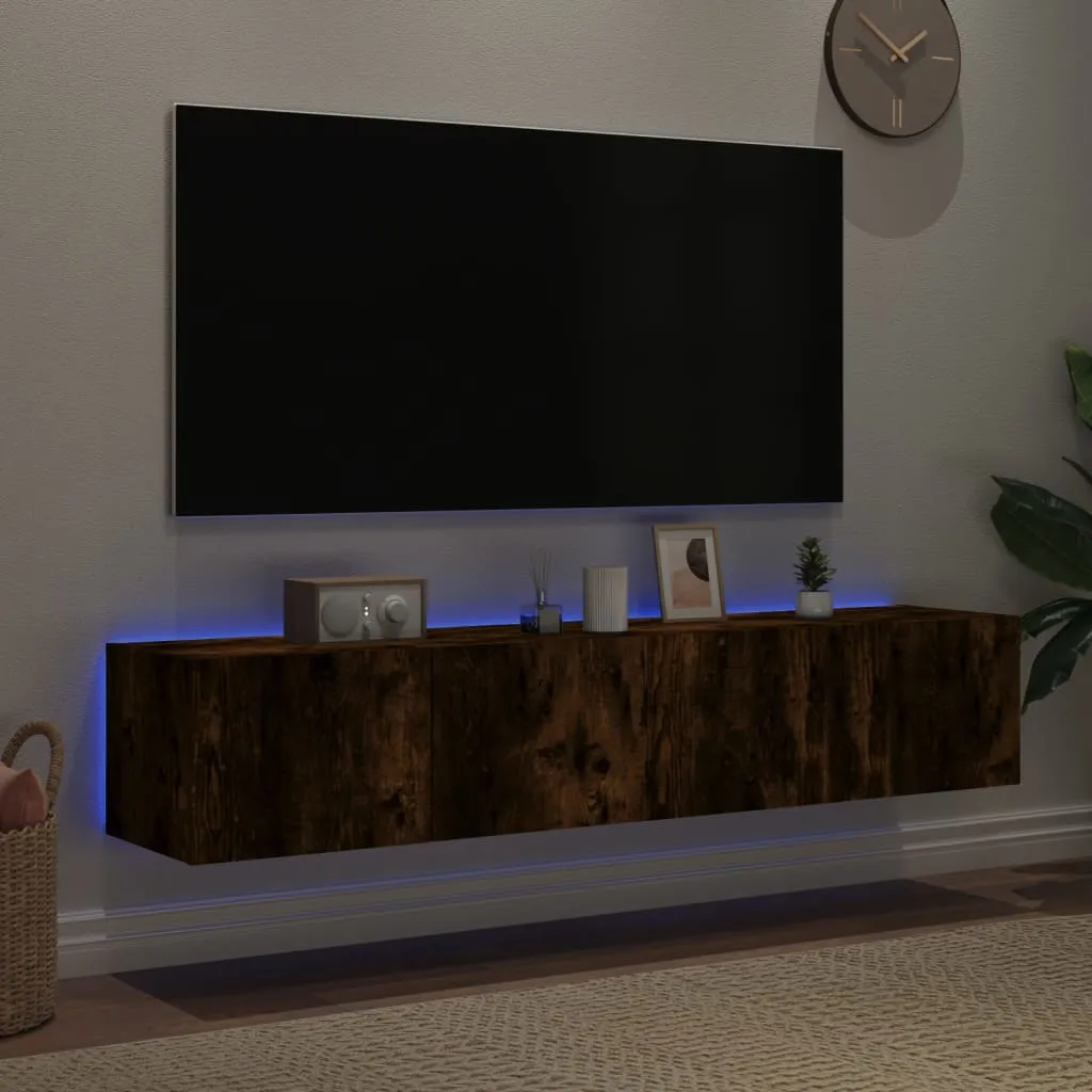 vidaXL TV Wall Cabinets with LED Lights 2 pcs Smoked Oak 80x35x31 cm