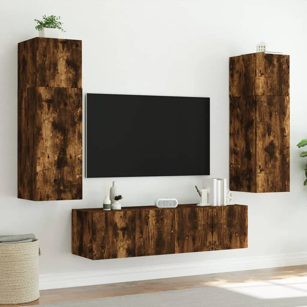 vidaXL TV Wall Cabinets with LED Lights 2 pcs Smoked Oak 80x35x31 cm