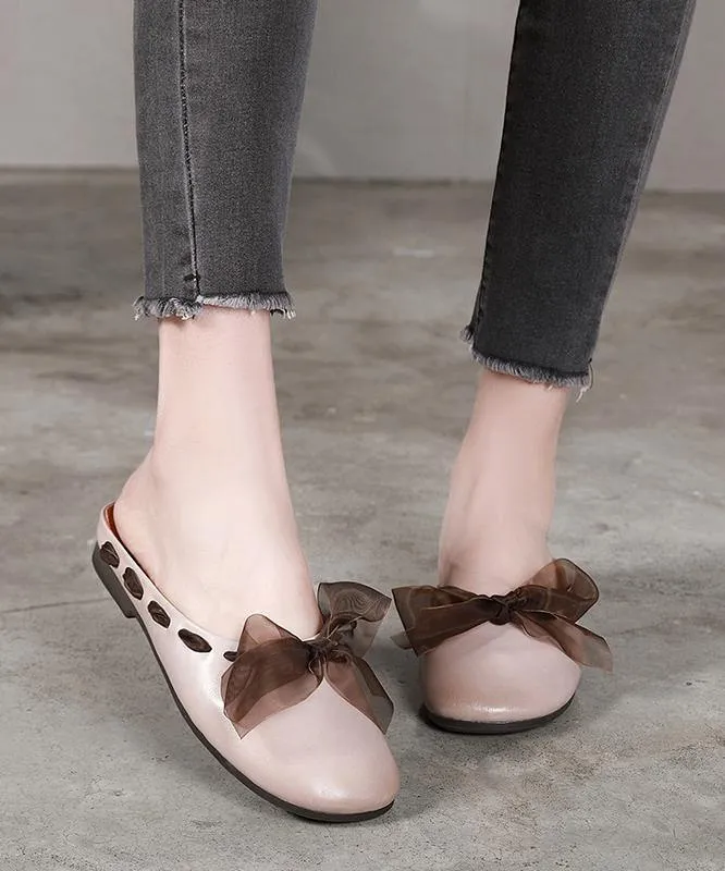 Vintage Lace Up Flat Shoes Brown Cowhide Leather Slippers